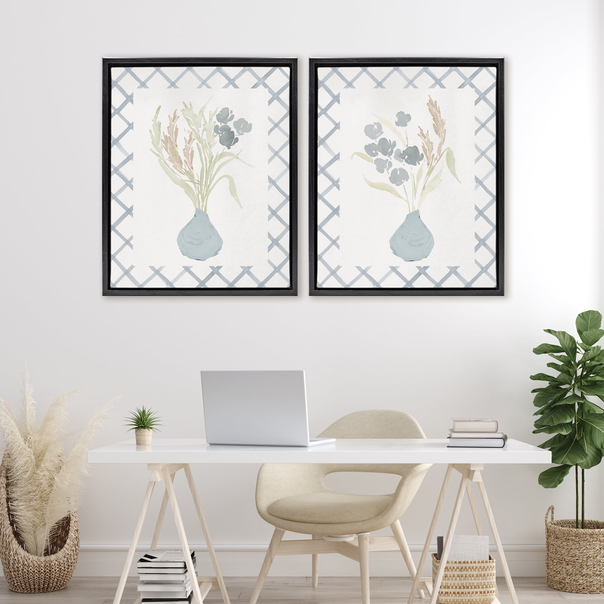 Stupell Industries Subtle Blue Anna Bouquets 2 Piece Black Framed Floater Canvas Set, design by Lucille Price