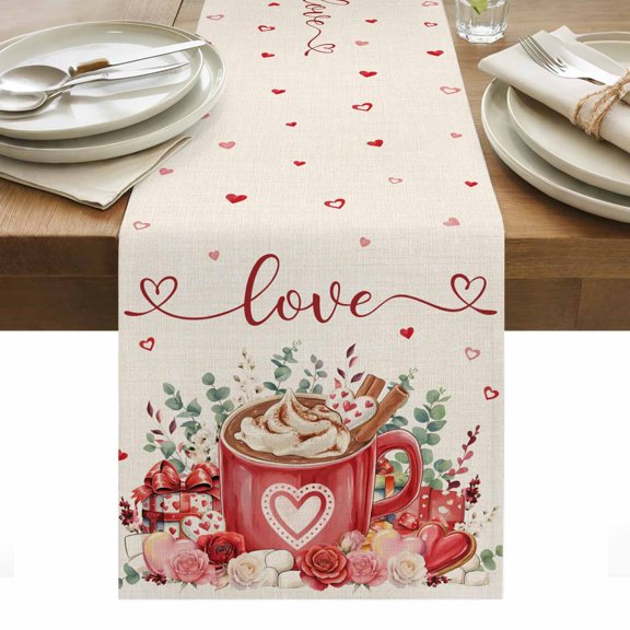 Valentine's Day Table Runner - 72 Inch Long, Kitchen Dining Table Runner Dresser Scarves, Eucalyptus Leaves Coffee Gifts Romantic Rustic Farmhouse Decor for Coffee Tables Wedding Party Banquet