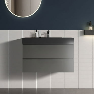 CITTANEO 36 inch Floating Bathroom Vanity with Black Sink, Modern Bathroom Cabinet inch Gray
