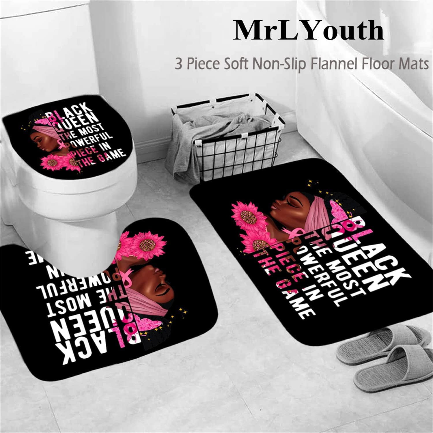 Paris View Sexy Black Woman Shower Curtains for Bathroom, African American with Pink Roses Bathroom Sets with Shower Curtains and Rugs, Eiffel Tower Afro Woman Bath Curtains