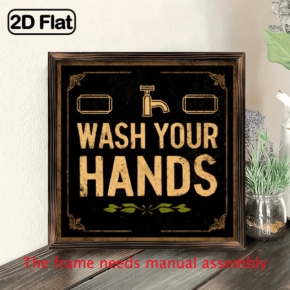 1pc, Vintage Wash Your Hands Wooden Framed Sign Hygiene Reminder Wall Hanging Vintage Decor for Bathroom, Kitchen, Office, Entryway Decorative Signs Plaques 8x8 Inch,