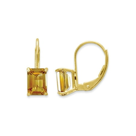 - 14K Yellow Gold 7x5mm Emerald Cut Citrine Leverback Earrings