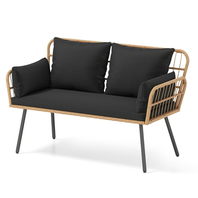Gymax Patio Wicker Loveseat Furniture w/Seat Back Cushions Heavy-Duty Metal Legs Outdoor Black