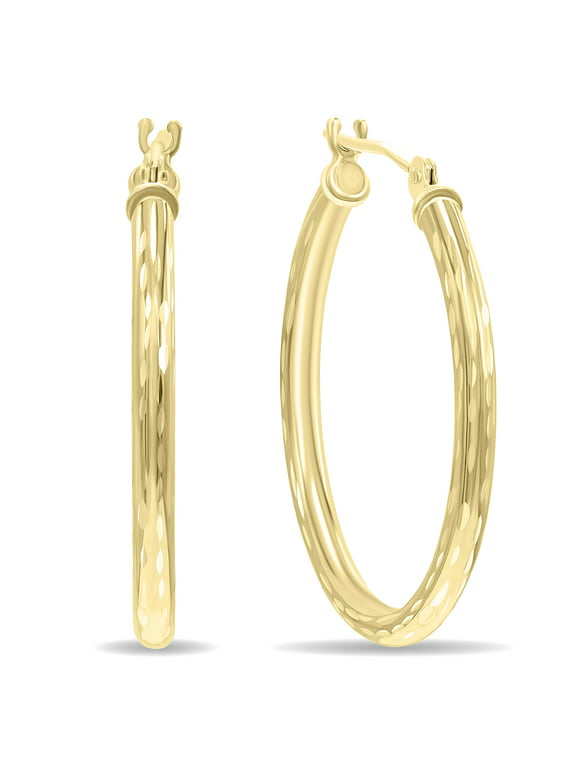 SZUL Women's 10K Yellow Gold Shiny Diamond Cut Engraved Hoop Earrings (25mm)
