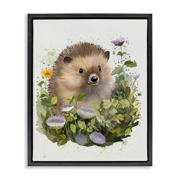 Stupell Industries Eclectic Hedgehog in Floral Meadow Black Floating Frame Canvas Art, 17 x 21, by Fab Funky