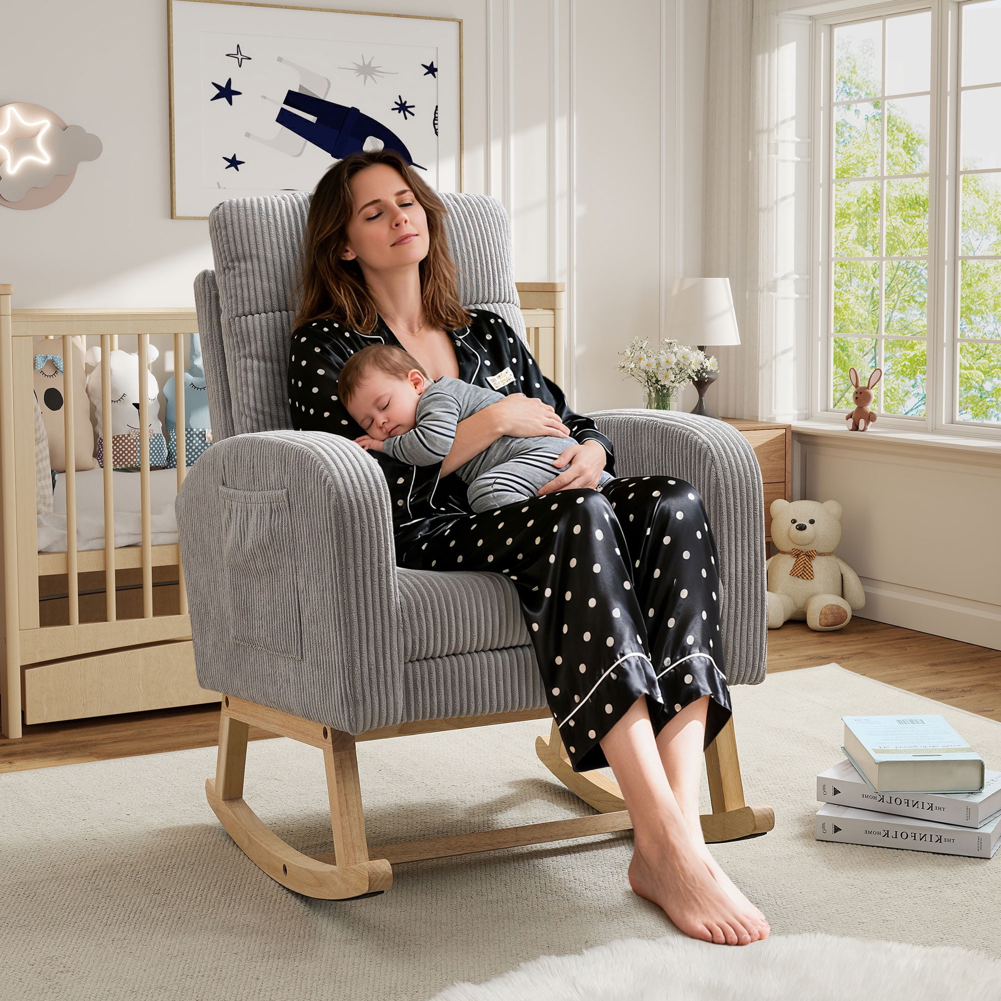 FFH Rocking Chair with Footrest, Rocking Chair for Nursey, Corduroy Armchair with High Backrest and Side Pockets, Accent Chair for Living Room, Bedroom, Gray