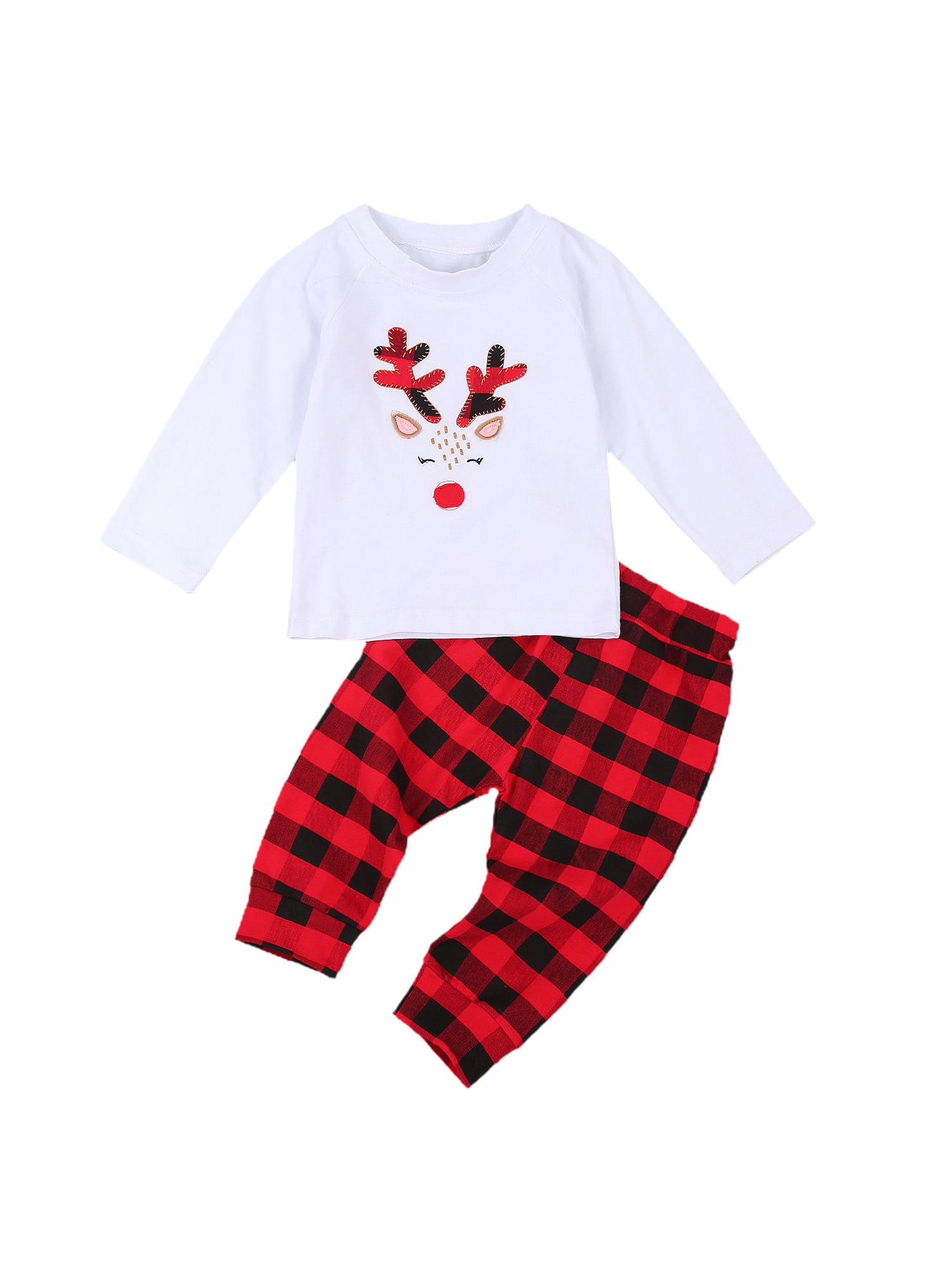 Baby Boy Girl 2pcs Christmas Suit Hoodies Deer Print Long Sleeve Top+Plaid Pants