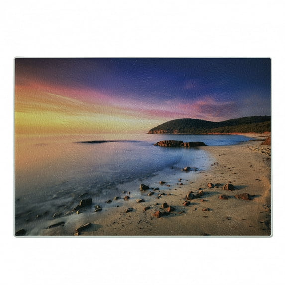 Beach Cutting Board, Famous Mediterranean Sun Rise on the Coast Pebbles Tourism Serene View Print, Decorative Tempered Glass Cutting and Serving Board, Small Size, Multicolor, by Ambesonne