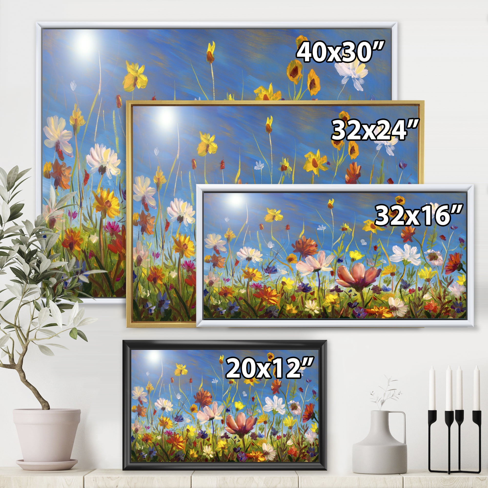 Designart 'Wildflowers and Daisies In Summer Garden Field II' Traditional Framed Canvas Wall Art Print