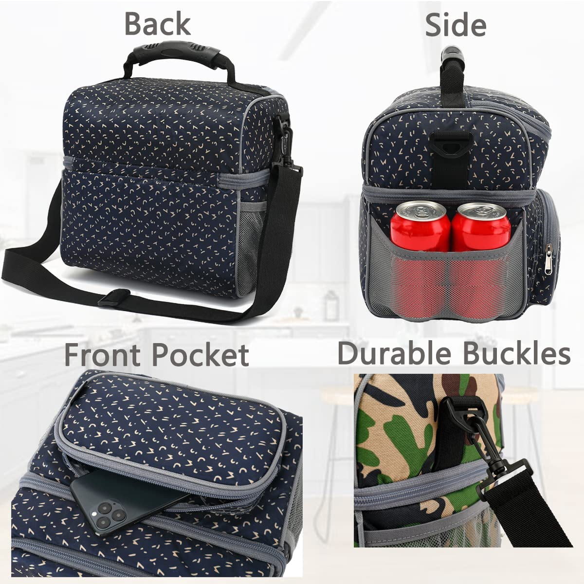 Double Layer Insulated Lunch Bag Large Tote With Adjustable Strap