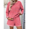 thumbnail image 5 of 2 Piece Sets for Women Summer Cute Stripe Long Sleeve Knit T Shirts Shorts Matching Lounge Set Rose Red L, 5 of 8