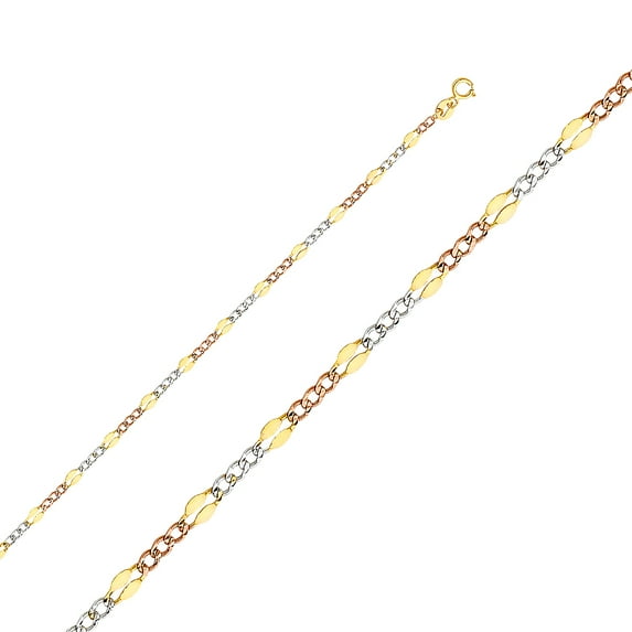 Solid 14k White Yellow and Rose Three Color Gold 3.2MM Figaro Chain Necklace - 22 Inches