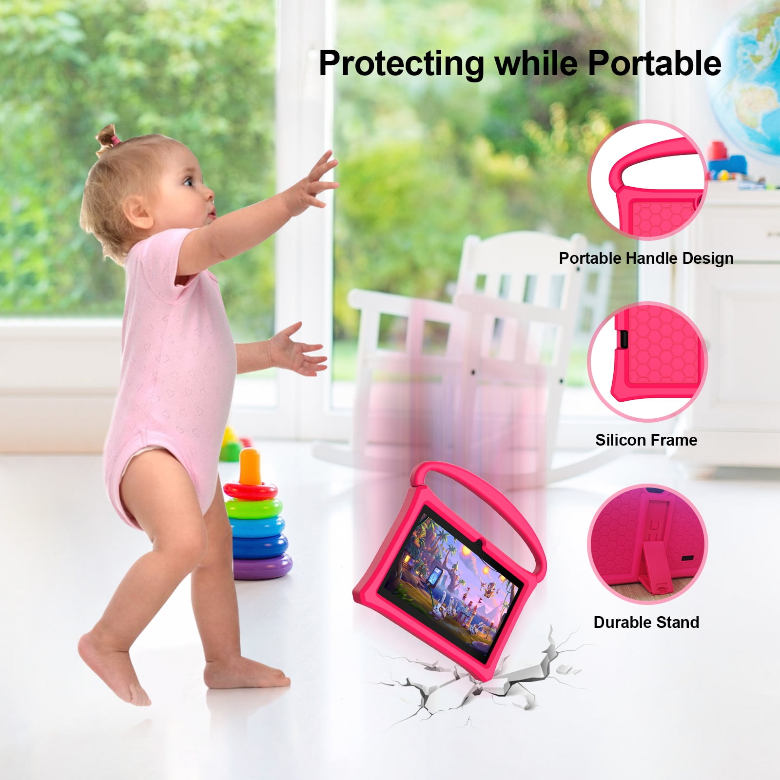 Android Kids Tablet 7 inch with Case, 2GB RAM, 32GB ROM, Touch Screen, Quad-Core,1024x600| Wi-Fi| Google Certified(Pink)