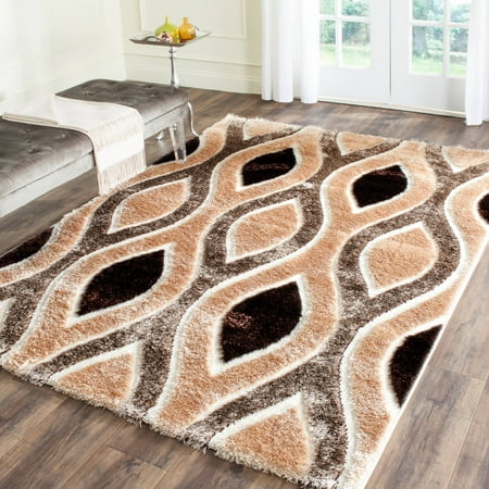 SAFAVIEH Miami Lecia Geometric Shag Area Rug  Beige/Brown  5 3  x 7 6 Shag Rug Collection. Plush And Dense Pile Perfect For Living And Bedroom Décor. Make a bold contemporary statement in the living room  bedroom or den with a sculpted Miami Shag rug from Safavieh. Referencing Art Deco  pop art and graphic forms  Safavieh uses soft  long-wearing polypropylene yarn for this collection of multi-level power loomed rugs designed with an eye toward style  easy of care and plush comfort underfoot. Choose the Miami Shag rug as the perfect focal point in a transitional living room or bedroom.
