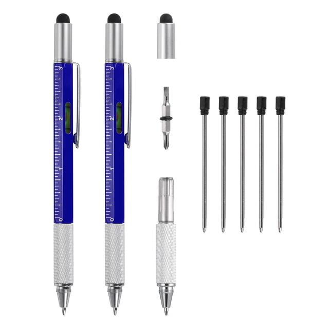 Unique Bargains 2pcs 6 in 1 Metal Multitool Tech Tool Pen Gifts for Men with Ballpoint Pen, Ruler, Screwdriver, Stylus, Refills, Blue