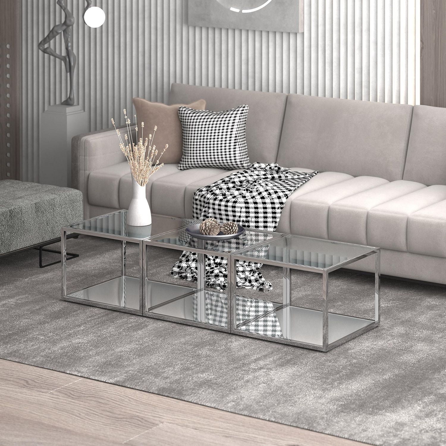 Contemporary Metal and Glass Small Coffee Table Set of 3 - Silver