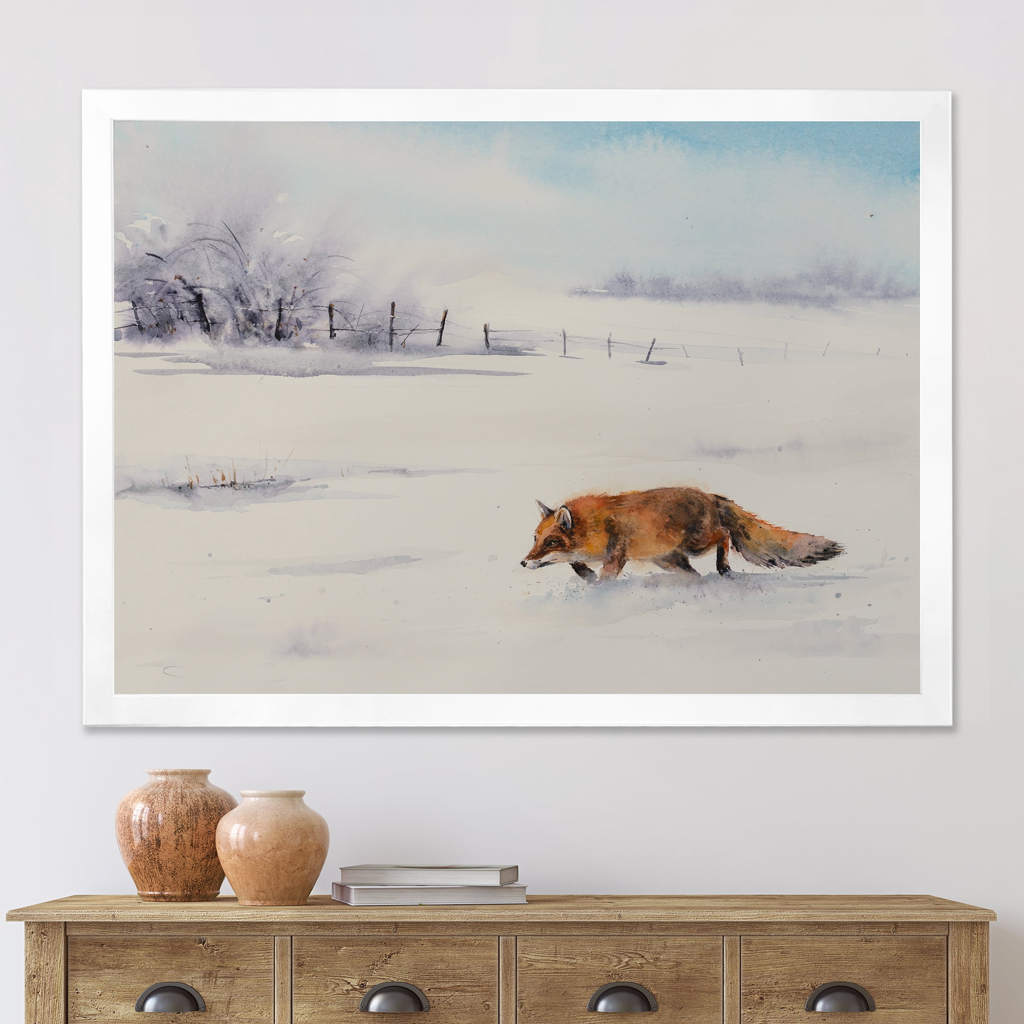 Designart 'Red Fox Running In White Snow in Countryside I' Farmhouse Framed Art Print