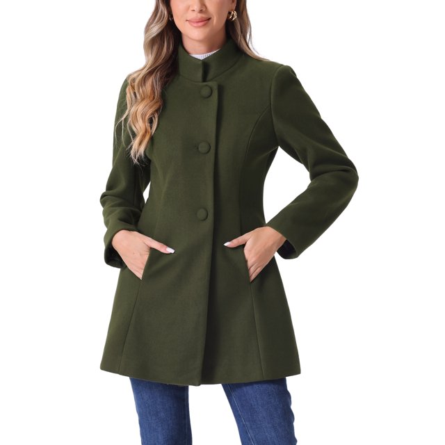 Abrigo de mujer Inspire Chic de longitud media, con cuello alto, de un solo botón, abrigo de invierno en verde ejército, talla XS