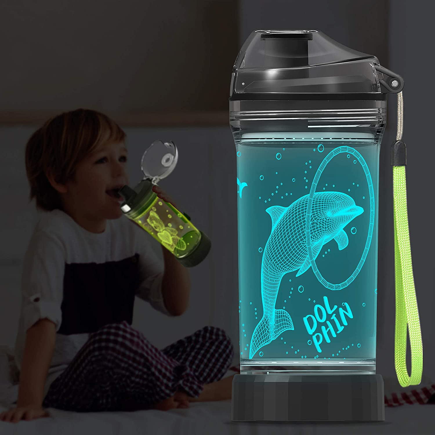 Light Up Kids Water Bottle with 3D Ocean Animal Porpoise Design 14 OZ Tritan BPA Free Eco-Friendly Cool Drinking Cups Gift for School Kids Boy Girl Child Women Christmas Holiday Dolphin Gifts 