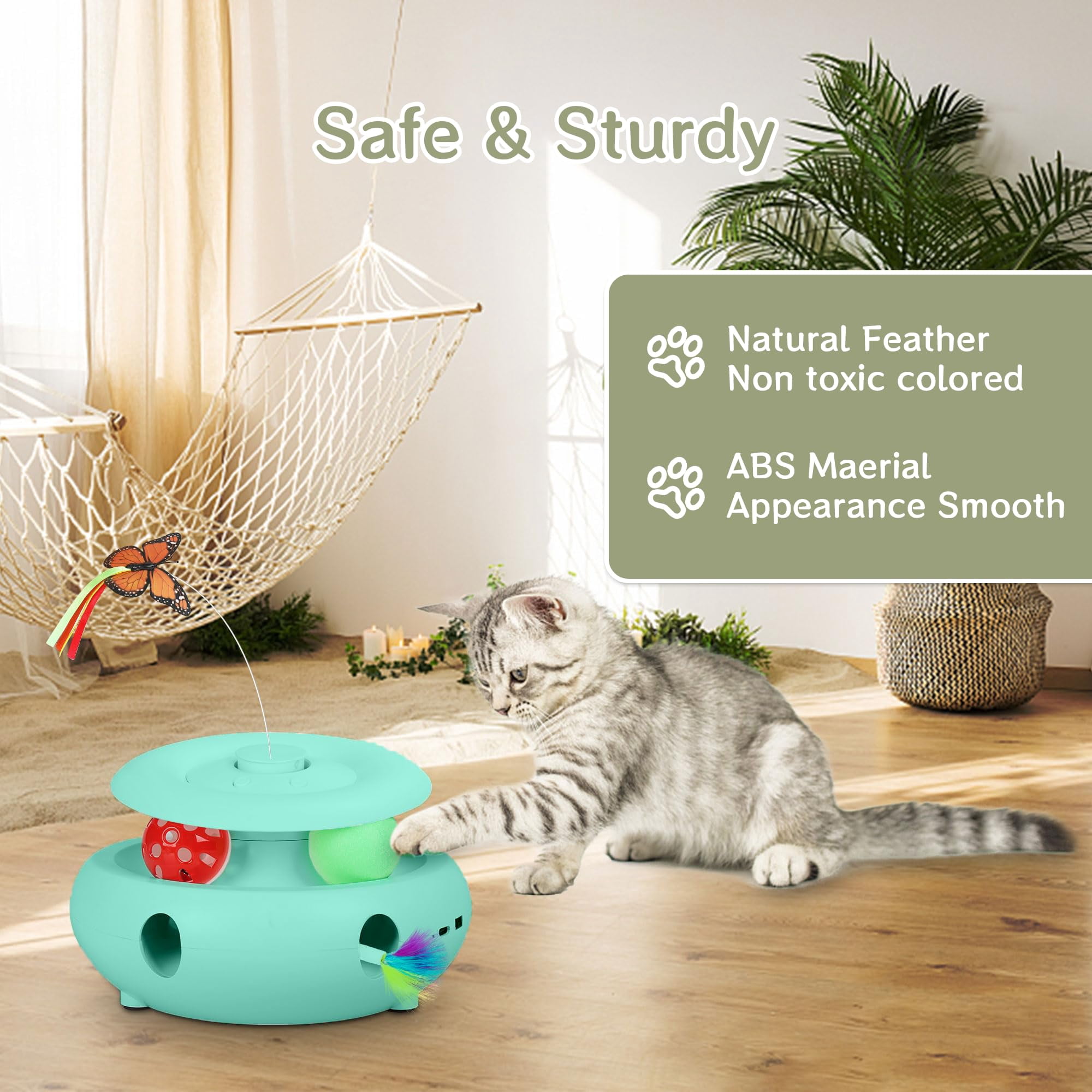 Cat Toys 3-in-1 Interactive For Indoor Cats Rechargeable Automatic With Fluttering Butterfly Smart Sensor 6 Holes Mice Whack-a-mole And Track Balls Blue