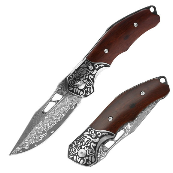 Dispatch Folding 4" Damascus Pocket Knife with Red Wood Handle