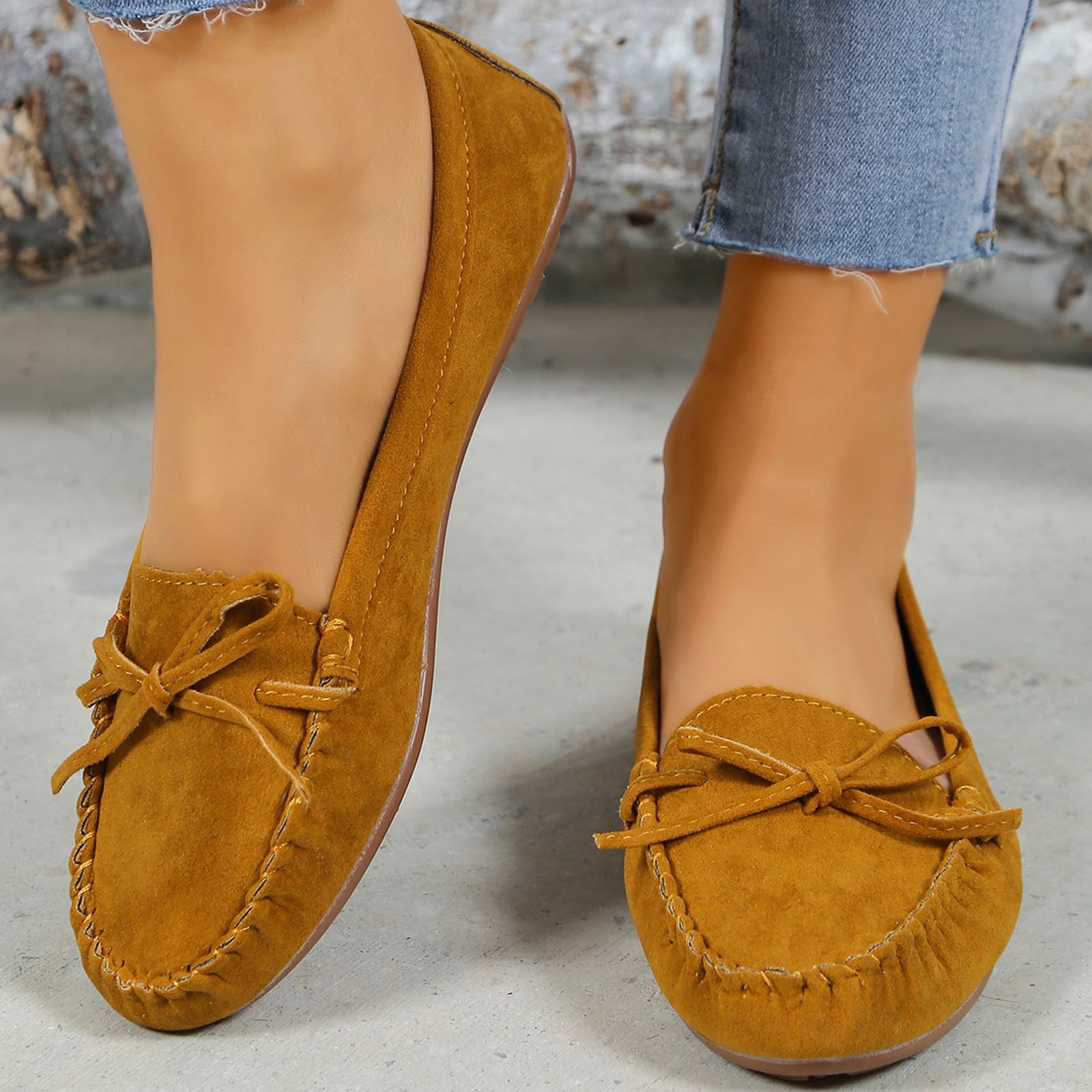 Hinvhai Women's Suede Leather Casual Penny Loafers Clearance,Retro Ladies Moccasins Comfort Non Slip Fashion Boat Shoes Classic Flats Brown 8.5(41)