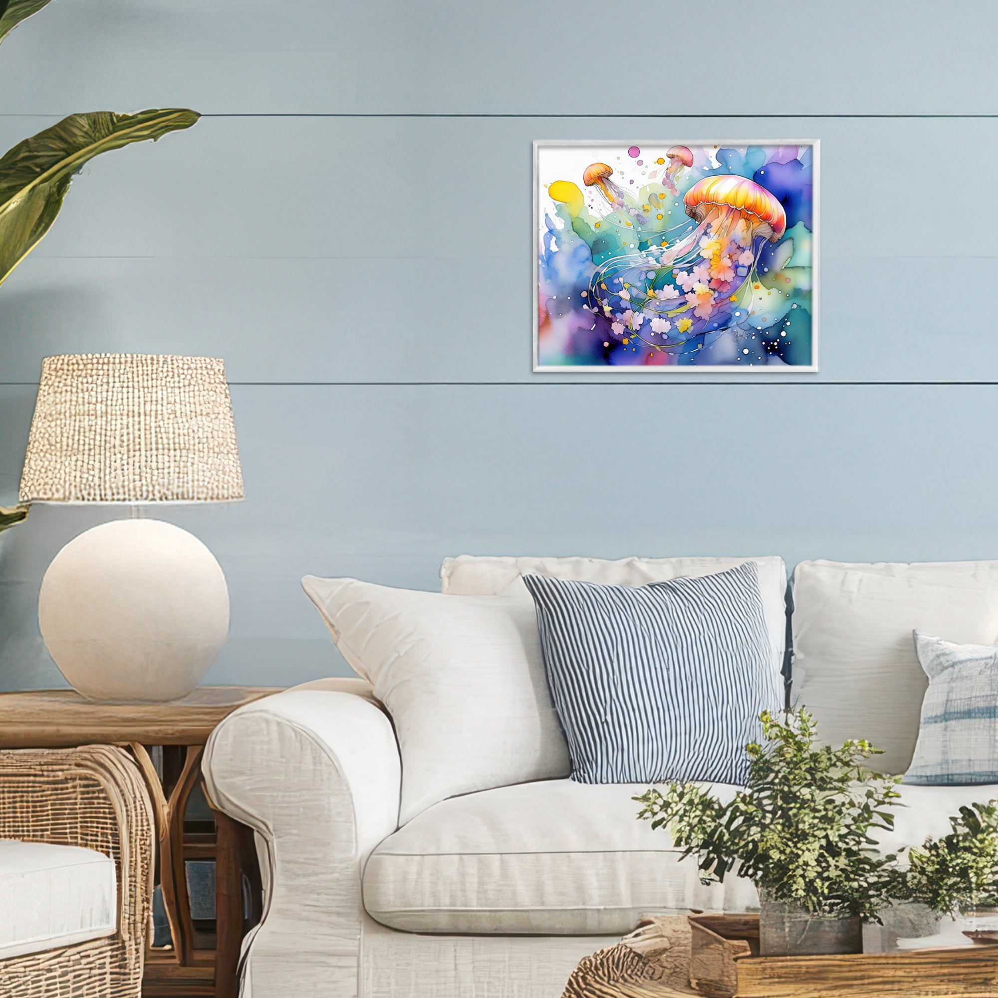 Stupell Industries Neon Jellyfish Underwater White Framed Giclee Art, design by Shelly Craig