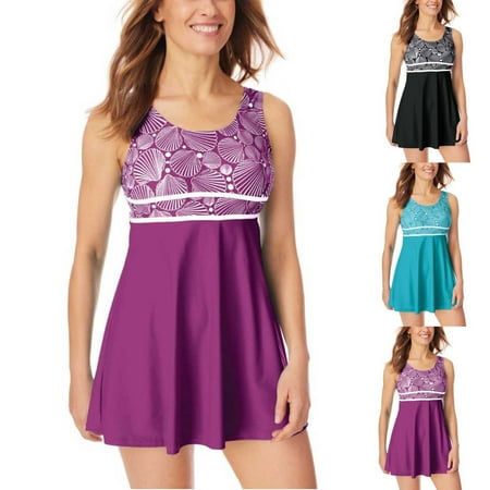 Jacenvly Womens 2-Piece Flounce Swimsuits Clearance Cozy Sleeveless Contrast Color Crewneck Surfing Swimwear Skin-Friendly Women S Split Body Conservative Printing Bikinis Sets Purple