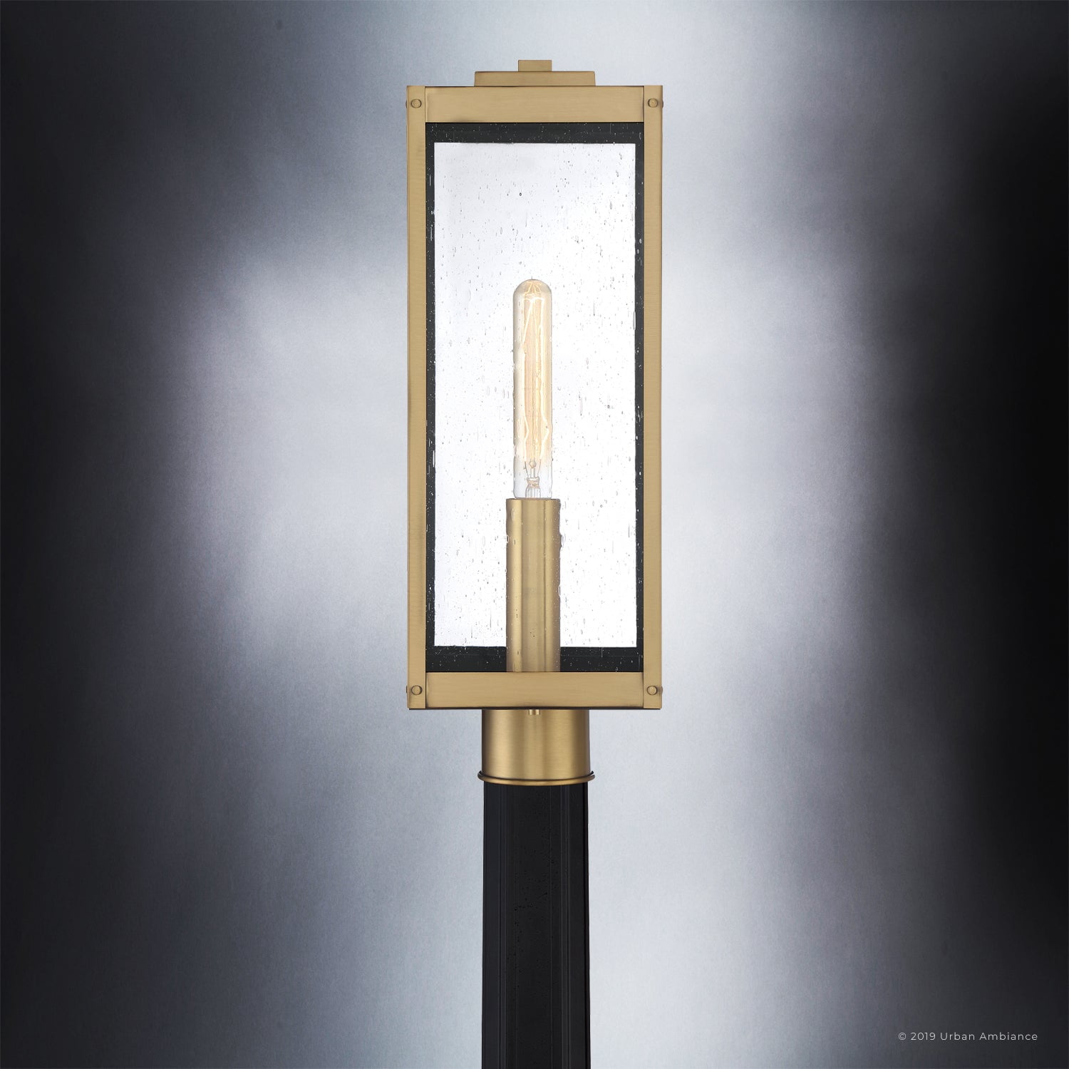 Luxury Modern Farmhouse Outdoor Post Light, 20.50''H x 7.00''W, with Industrial Style Elements, Minimalist Design, Antique Brass Finish and Clear Seedy Glass, UQL1343