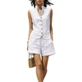 thumbnail image 3 of Women's 2 Piece Outfit Sleeveless Button Down Vest Top and High Waist Shorts Set, Textured Wrinkle Fabric Casual Matching Set, Loose Fit Summer Lounge Wear White M, 3 of 6