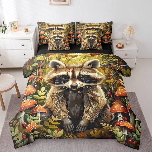 Erosebridal Literie Kawaii Raton Laveur Format Double, Ensembles de Literie Faune de Jungle Format Double, Ensemble de Lit Réversible Champignon, Déco de Chambre Légère, 7 Pcs