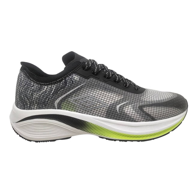 tenis umbro talla 27 deportivo negro Tenis deportivos Umbro talla 27, vista lateral derecha; corte bajo con agujetas, empeine negro con patrón cuadriculado y refuerzos plásticos, cuello acolchado negro, suela ergonómica blanca con franja verde neón y suela exterior antiderrapante negra. Adecuados para actividad física y caminatas ligeras.