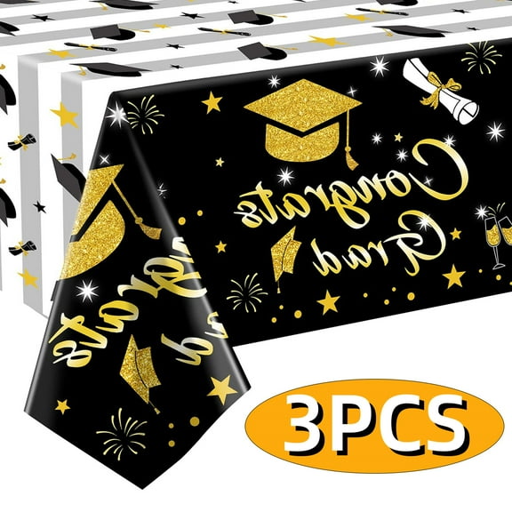 Graduation Tablecloth Decorations Graduation Party Supplies Disposable Gongrats Grad Tablecover Party Favors 54"x108" 3 pcs Patten 1 Black