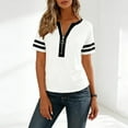 thumbnail image 3 of HomeDM Women's Quarter Zip Short Sleeve Summer Pullover Tops, Crew Neck Stripe Loose Fit Shirts - White/L, 3 of 8