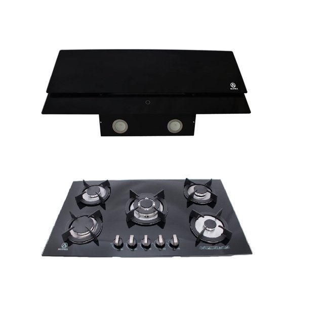 Combo Supra Sondrio Parrilla Onix 5 Quemadores Cristal Templado Negro y Campana CP-90 de pared