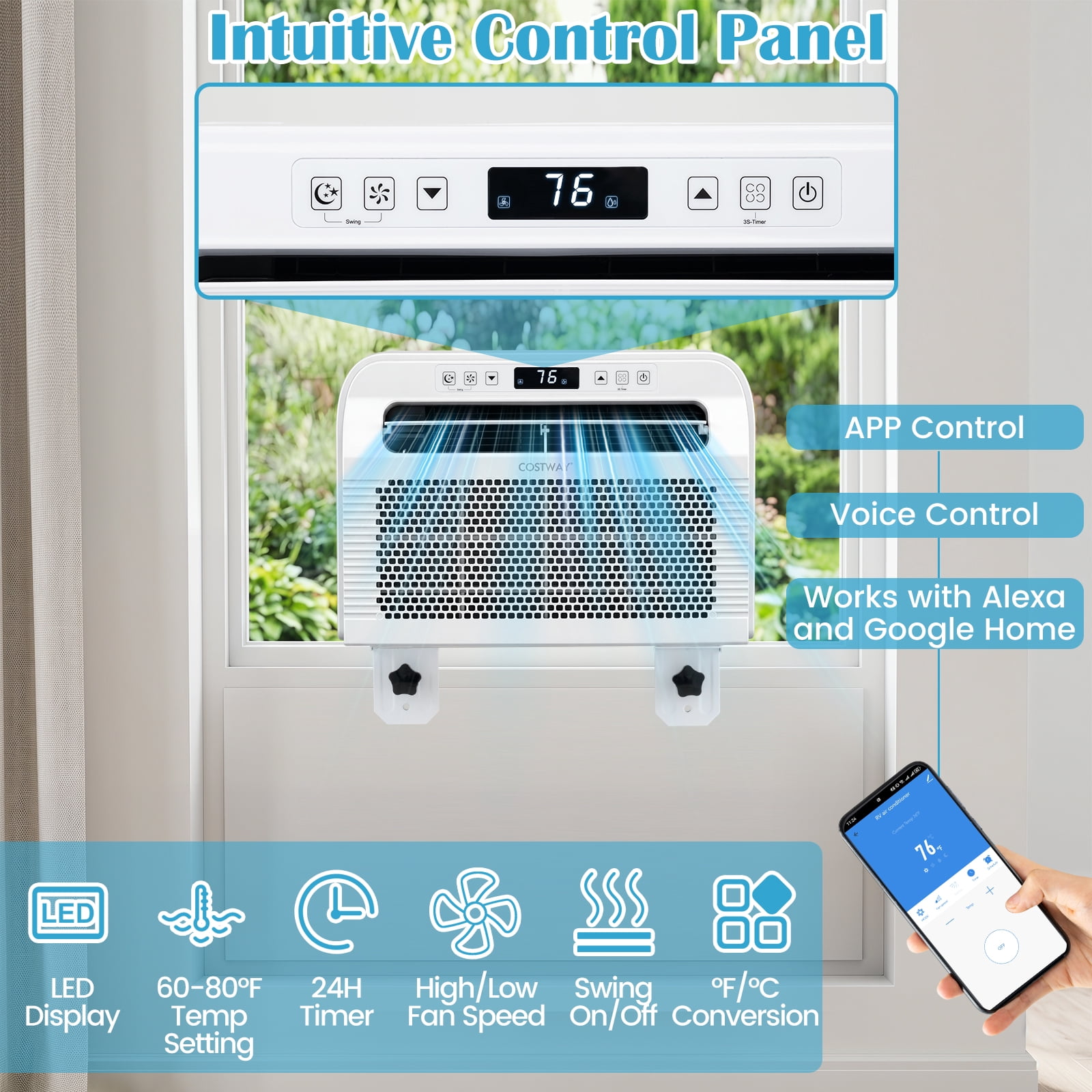 Costway RV Window Air Conditioner, 6500 BTU Window AC Unit with WiFi APP Voice Control