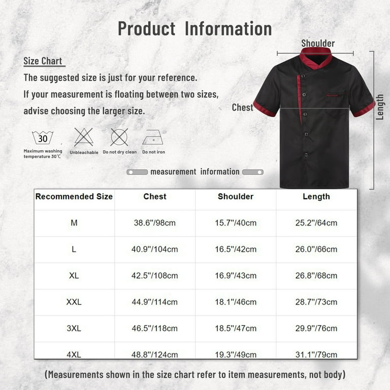 Chef Coat Size Chart Iiniim Unisex Classic Chef Coat Short Sleeve