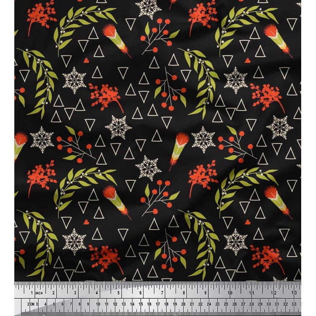 Soimoi Silk Fabric Leaves,Berries & Triangle Geometric Print Fabric by the Yard 42 Inch Wide