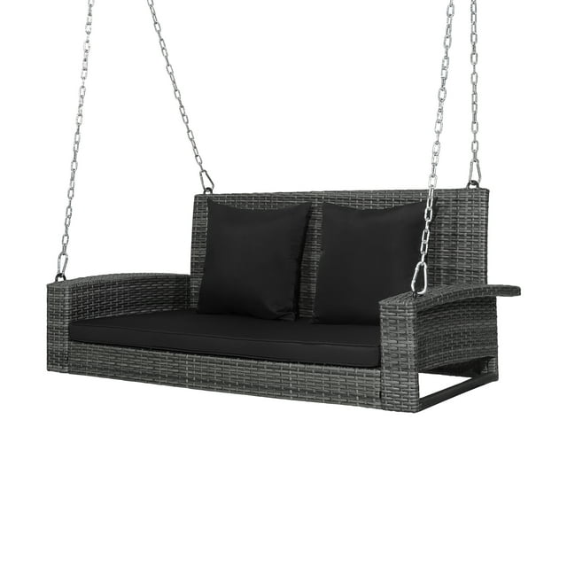 Costway 2-Person Patio PE Wicker Hanging Porch Swing Bench Chair Cushion 800lbs