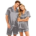thumbnail image 3 of VV AVEORS Satin Matching Pajamas Sets Couple Silk Button Down Nightwear Women & Men Short Sleeve Sleepwear 2 Pieces Loungewears Dark Gray 3XL, 3 of 8