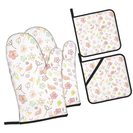 Blooming Flower Patterns Oven Mitts and Pot Holders Sets Baking Sets for Kitchen BBQ Gloves Heat Resistant Cooking Plant Texture Graffiti 4 Pieces