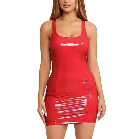 Fsqjgq Sexy Bodycon Pu Leather Dresses for Women Summer Fashion Crewneck Sleeveless Black Dresses Mini Bag Club Party Dress Night Out Dress S