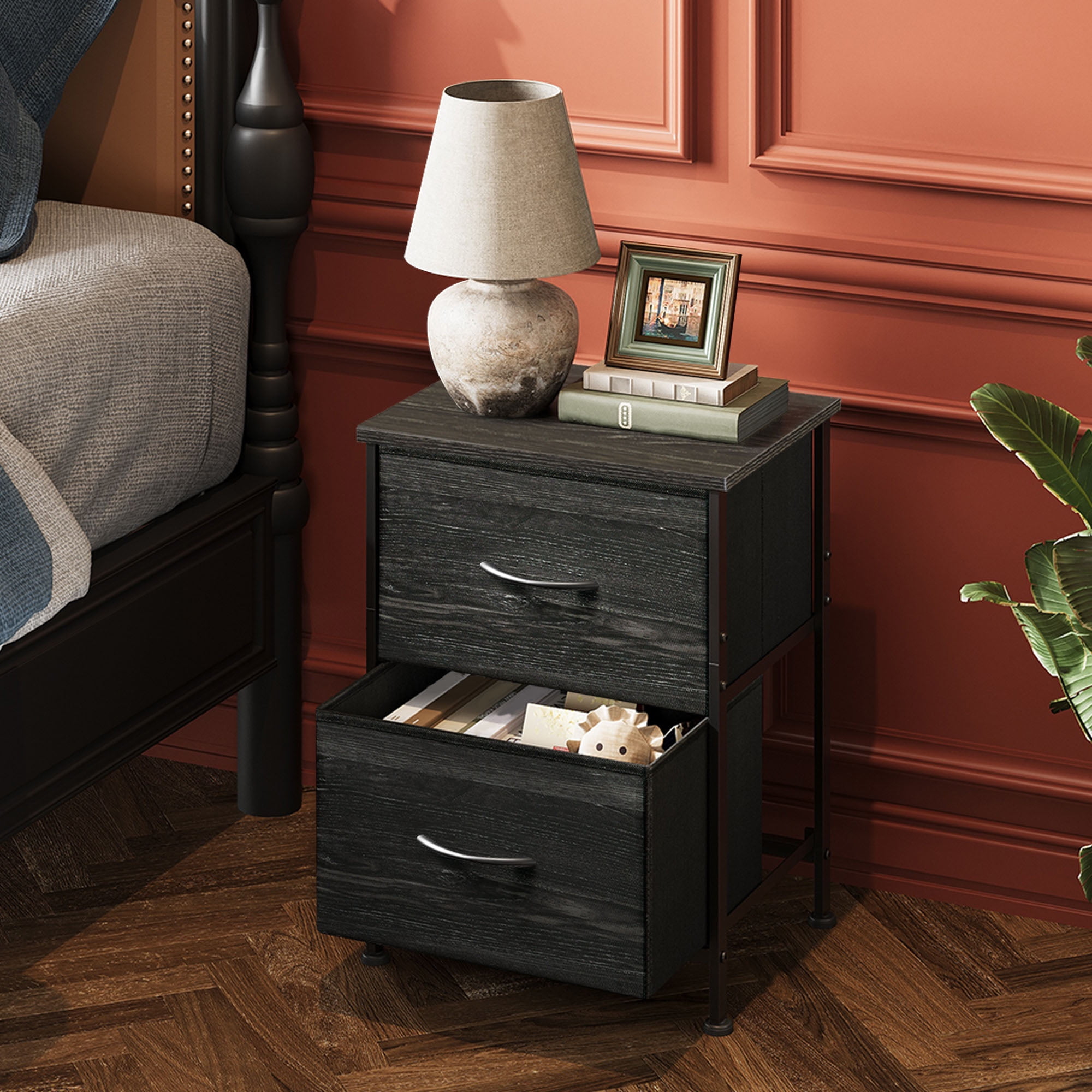 GALAXHERO Nightstand Set of 2 with 2 Fabric Drawers, Small Bedroom Dresser and Bedside Table for Dorm and Small Spaces, Charcoal Black Wood Grain Print