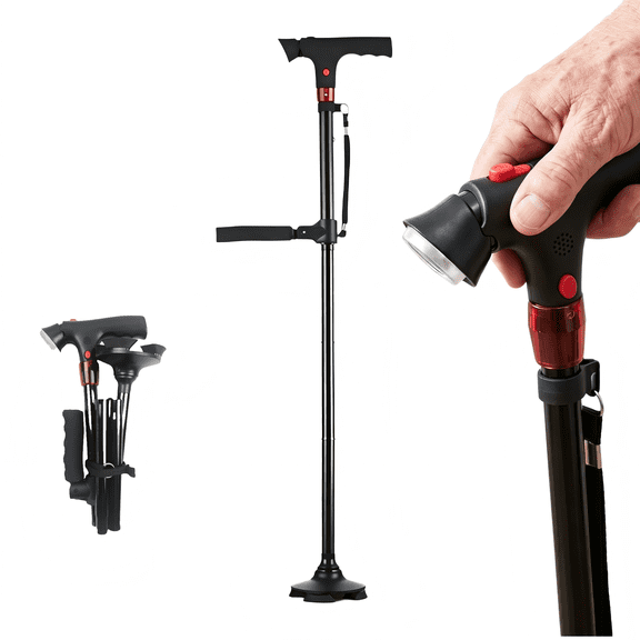 Smart Walking Cane with LED Light & Emergency Alarm - Adjustable Foldable Lightweight Cane for Seniors, Men & Women, Non-Slip Base for Everyday Support & Safety