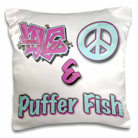 - 3dRose Love Peace And Puffer Fish In Blue And Purple - Pillow Case, 16 by 16-inch