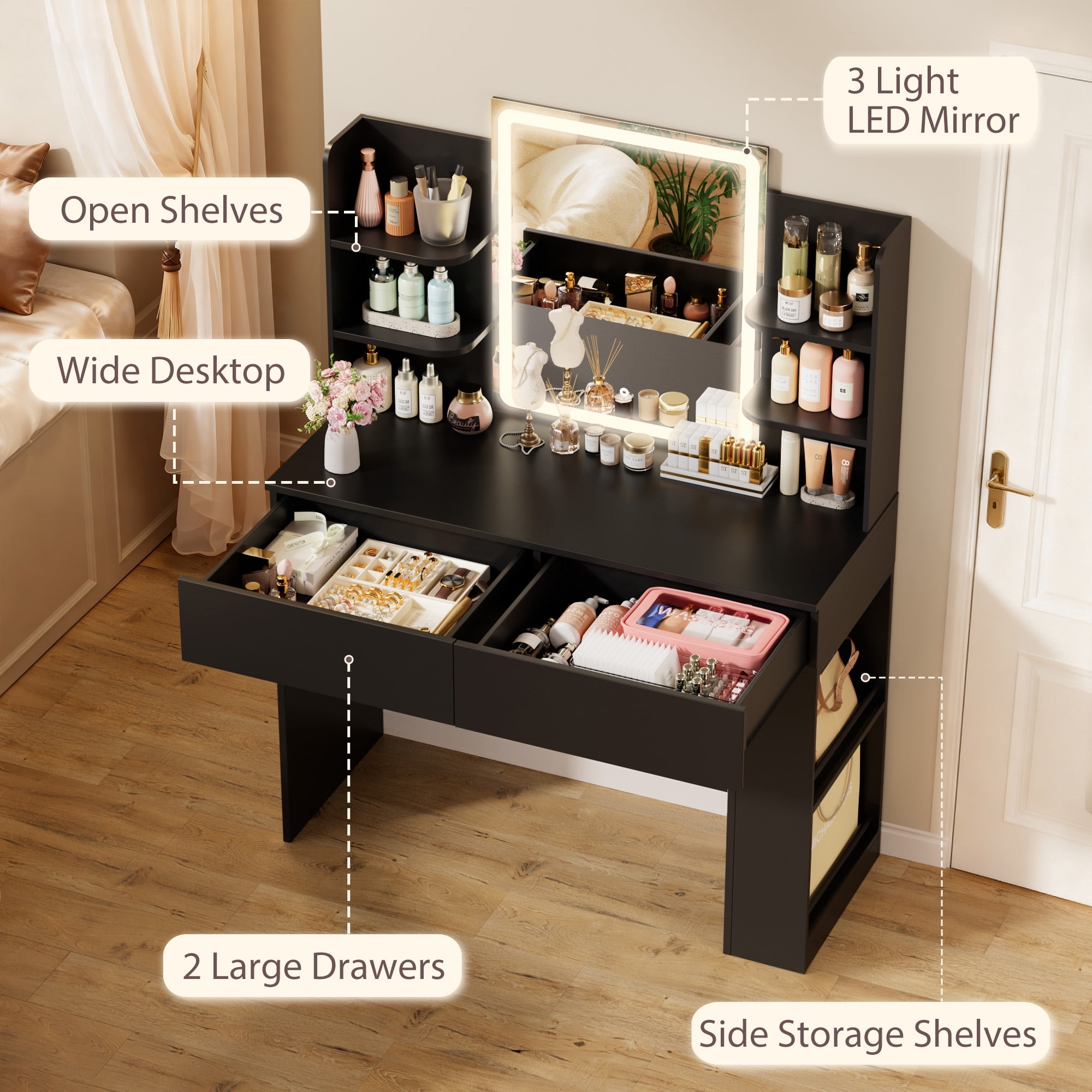 Homall Vanity Desk with 3 Colors LED Lighted Mirror, Makeup Vanity with Storage Shelves and Drawers, Vanity Table Dressing Table for Bedroom, Black