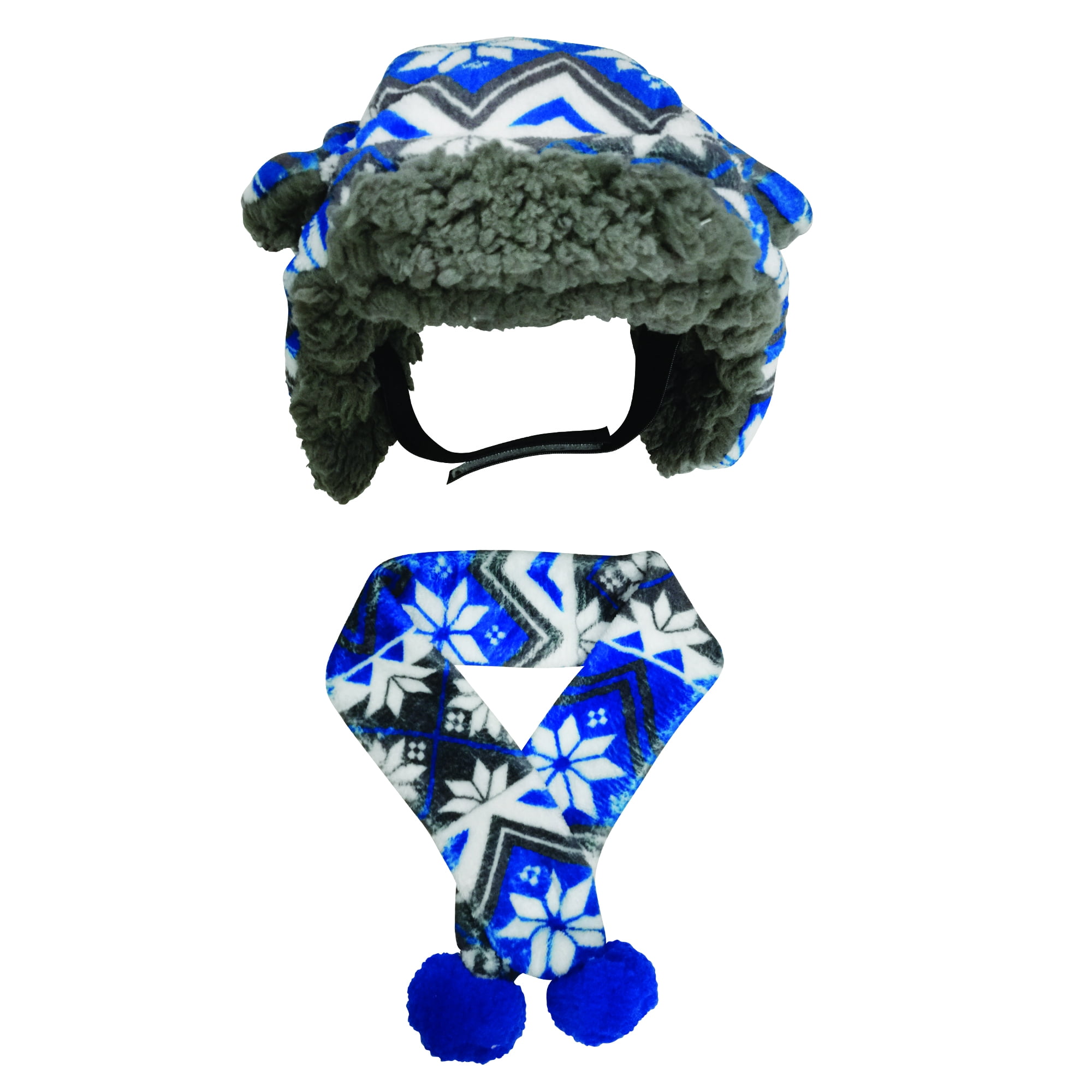 Fetchwear Snowflake Fleece Trapper Hat & Scarf Set for Dogs, Blue/Gray, X-Small/Small