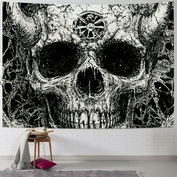 Autua Skull Tapestry, Gothic Horror Moon Skeleton Mystic Dark Tapestries for Bedroom Grunge Wall Hanging Black and White 40x30inch