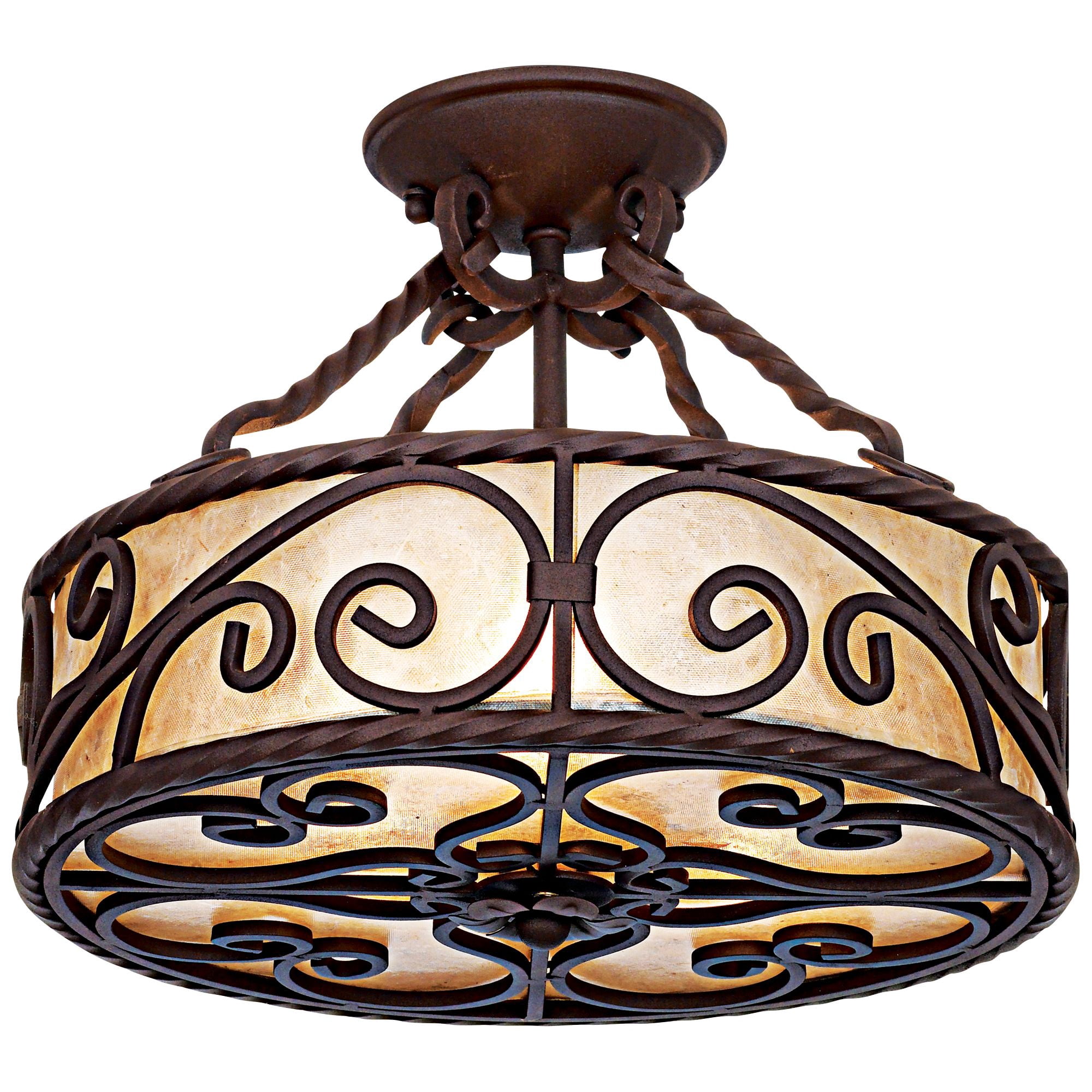John Timberland Natural Mica Rustic Ceiling Light Semi Flush Mount Fixture 15" Wide Deep Walnut Scroll 3-Light Drum Shade for Bedroom Living Room Home