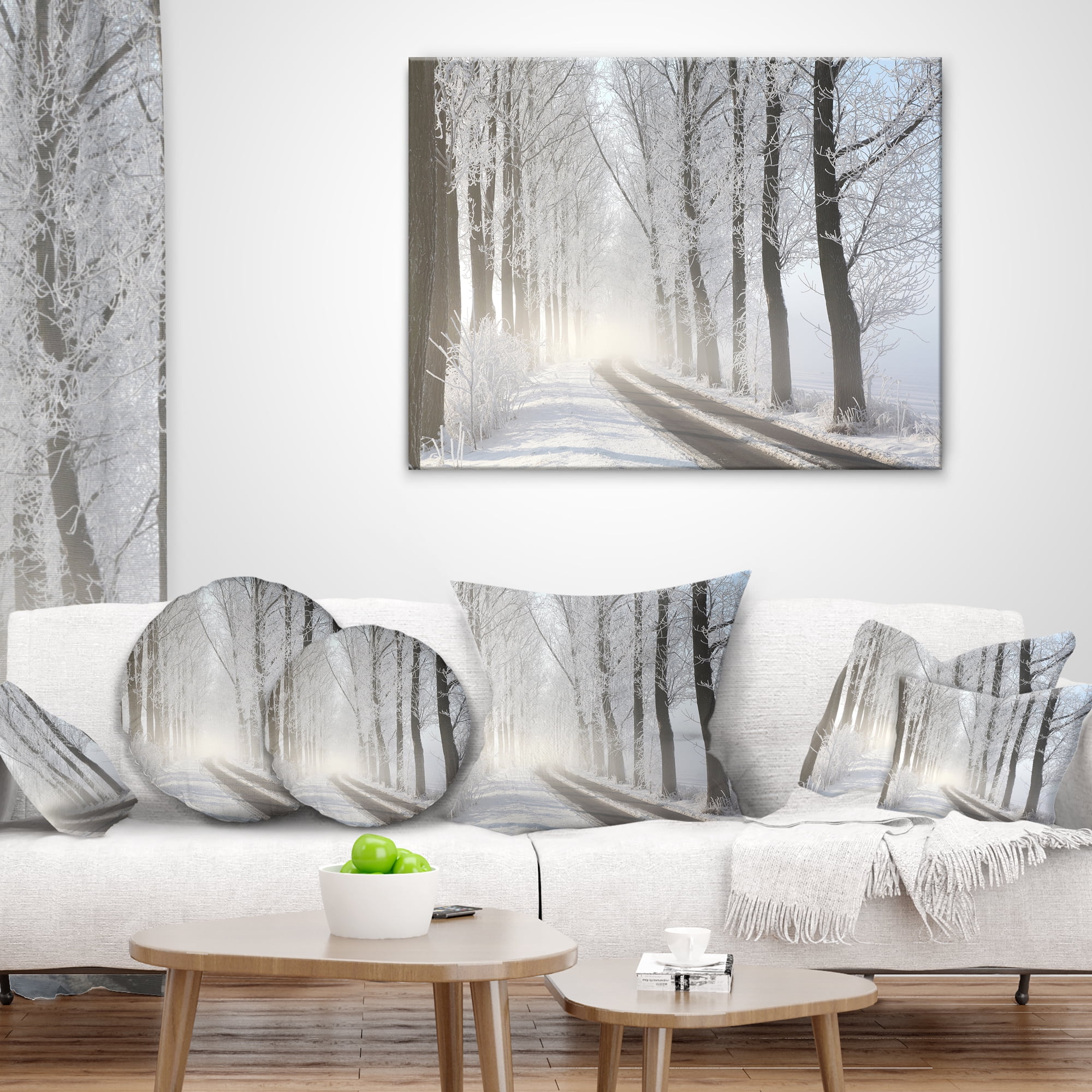 Designart Winter Lane in Foggy Morning - Landscape Photo Throw Pillow - 18x18